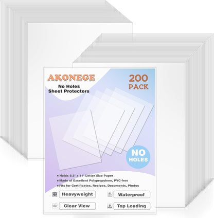 200 Pack No Holes Sheet Protectors 8.5 x 11 Inch Letter Size Page Protectors for Documents, Prints, Top Loading Heavyweight Clear View Plastic Sleeves for Papers, Artworks, Photos