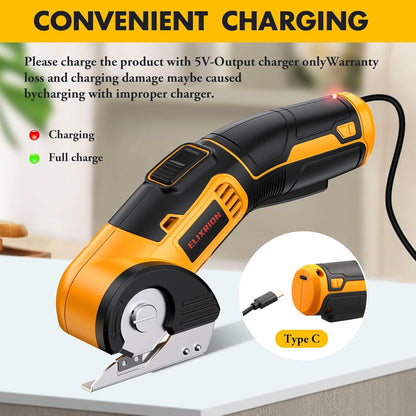 Cordless Electric Scissors Rotary Cutter with 2 Blades | 4V 2000mAh Rechargeable | Heavy Duty for Cardboard Fabric Carpet Leather | Lightweight Portable (Yellow)