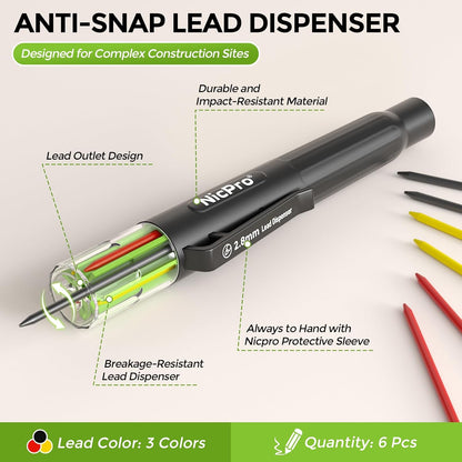 Nicpro Carpenter Pencil with Sharpener & Belt Clip, CP3000 Mechanical Pencils with 6 Refills in a Lead Dispenser, Deep Hole Long Nib Marker Pens for Construction, Woodworking Marking Carpenter Tools