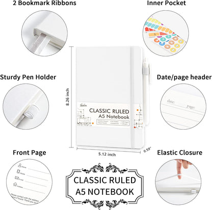 feela 5 Pack Notebooks Journals Bulk, Hardcover Notebook Classic Ruled Lined Journals with Pen Holder for Women Girls School Business Supplies, with 5 Black Pens, 120 GSM, 5.1”x8.3”, A5, White