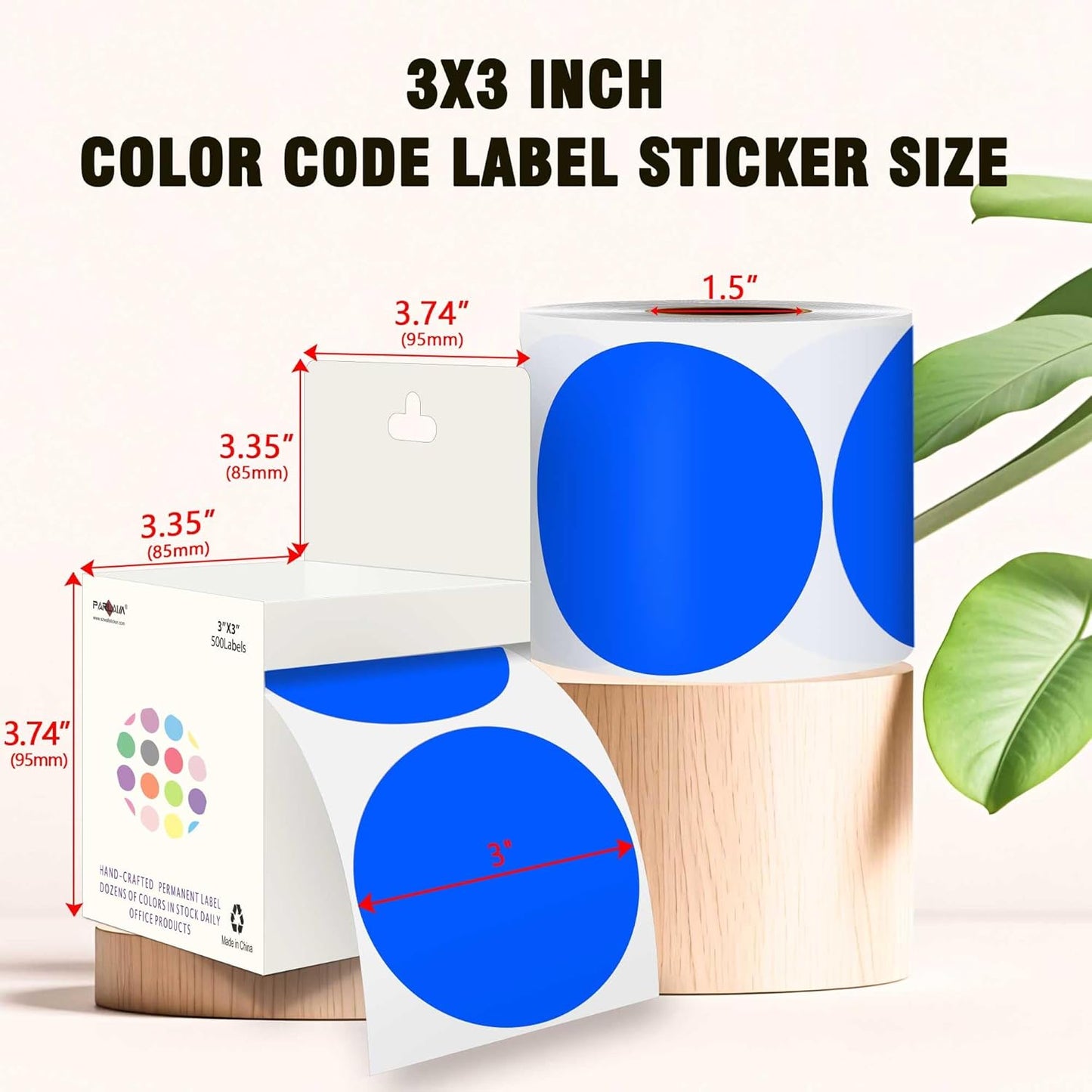 PARLAIM 3”Color Coding Labels Stickers,4Rolls/2000per Dispenser Box Round Adhesive Circle Dot Stickers for Inventory Office Home (Blue)