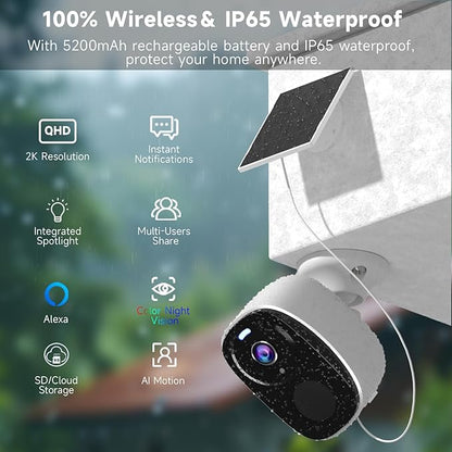 3pcs Solar Security Camera Wireless Outdoor, 2K WiFi Outdoor Camera for Home Security with Solar Panel, 24/7 Recording,AI Motion Detection,Color Night Vision, IP65 Waterproof, 2 Way Audio,SD/Cloud