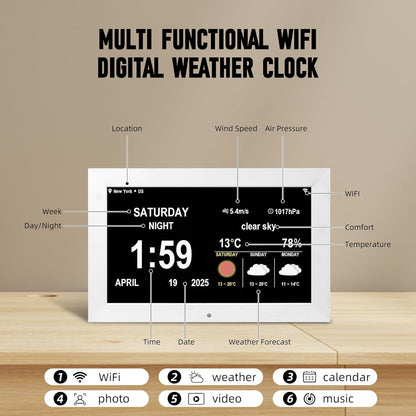 WiFi Digtial Wall Clock,Desk Clock with Weather Temperature Humidify,10 Day Weather Forecast,Weather Station with Digital Calendar and Dementia Alarm Clocks for Seniors. (White, 10.1 inches)