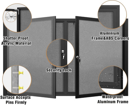 48"x30" Enclosed Bulletin Board, Outdoor Lockable Weather-Resistant Aluminum Cork Noticeboard for School & Office, Black Frame w/Grey Flet