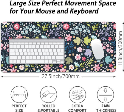 Maple Leaf and Flowers Desk Pad Mouse Pad,Large Floral Mouse Mat with Stitched Edges,Non-Slip Rubber Base Elegant Mousepad for Office PC Keyboard Laptop and Home Work Desk Mat(27.5X11.8 in)