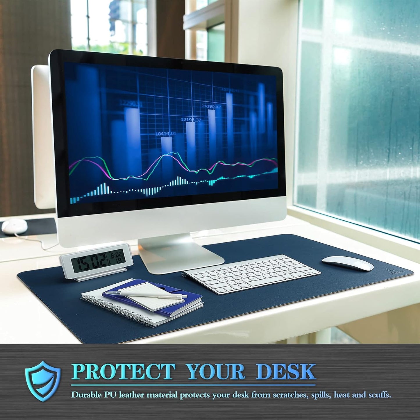 K KNODEL Desk Mat, Blotter, Dual-Sided Office Desk Pad, Waterproof Desk Mat for Desktop, Desk Blotters, PVC Leather Pad Protector (Dark Blue, 23.6" x 13.8")