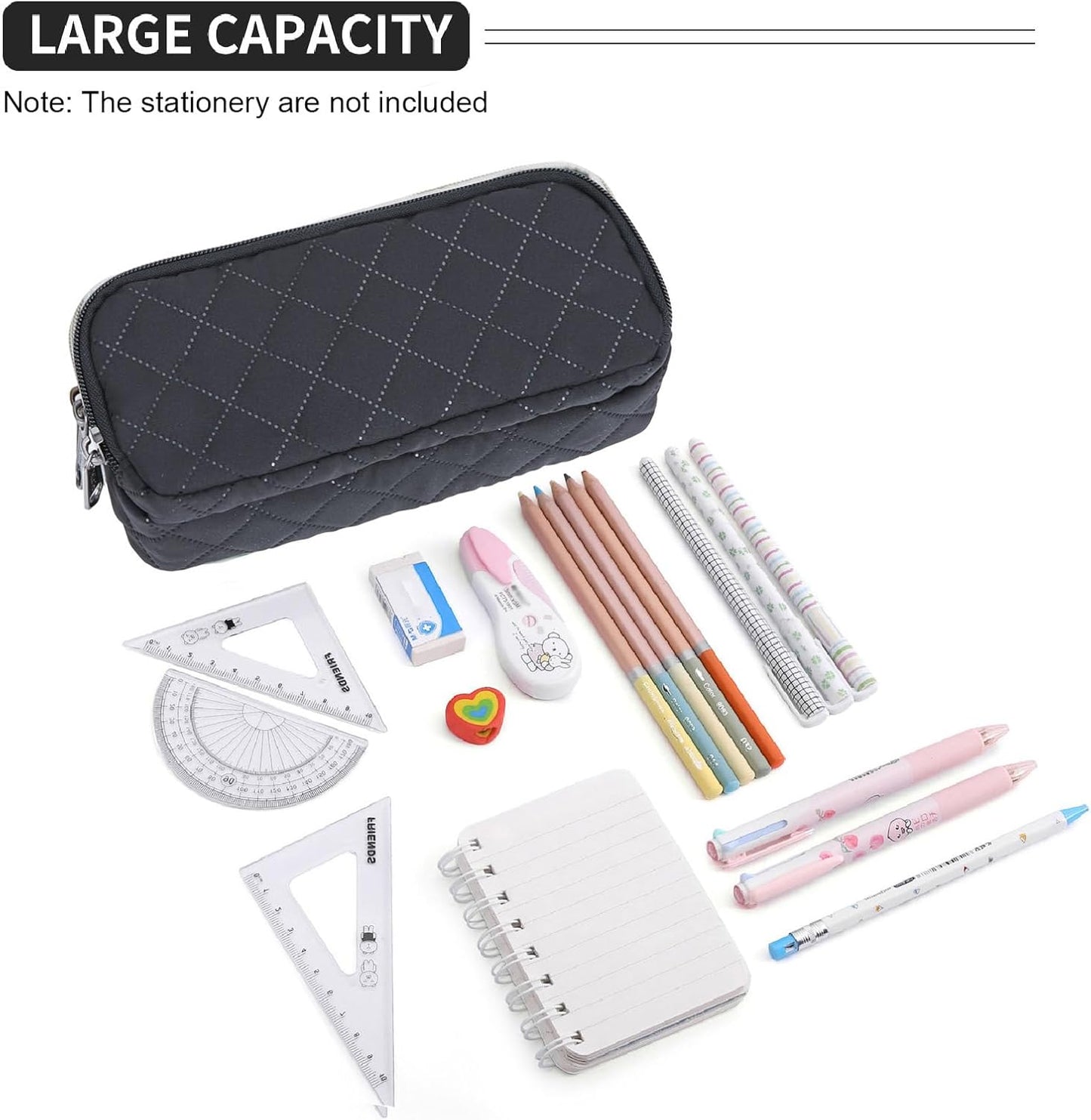 Della Gao Pencil Case Large Capacity Pencil Pouch Soft Quilted Pen Bag Office Stationery Organizer Sturdy Pencil Bag for Men Women - Black