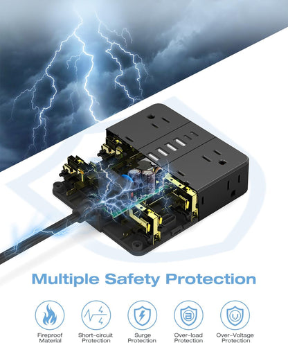 20FT Surge Protector Power Strip,12 AC Outlets with 6 USB Ports (2 USB-C), Flat Plug Extension Cord with Multiple Outlets, Wall Mount for Home Office,Dorm,Black