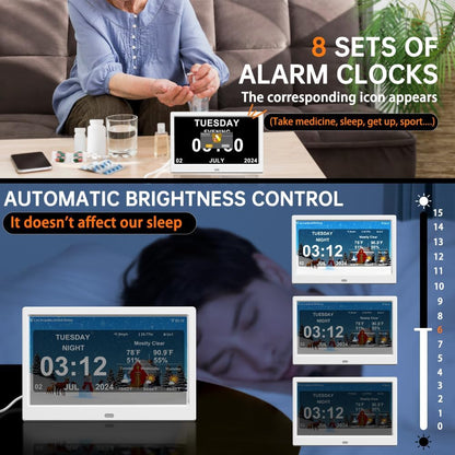 Digital Alarm Clock with Date and Time for Elderly Digital Calendar Clock Photo Frame- Auto Dimmable Display 15 Alarm Options (10 inch White)