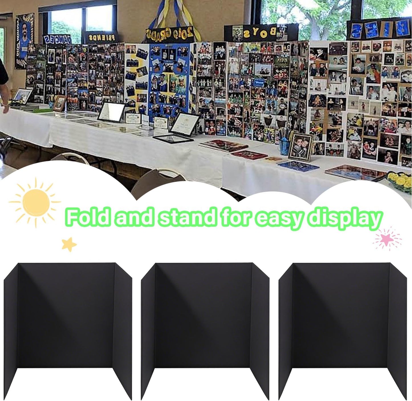 3-Pack Black Trifold Display Boards, 24 x 16 Inches Tri-Fold Corrugated Presentation Boards for Classroom Projects, Science Fairs, Business Events, and Exhibits