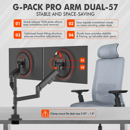 Dual Monitor Arm for 17-57 Inch Ultrawide Screens – Heavy Duty Monitor Arm Desk Mount – VESA Mount with Clamp and Grommet Base – Holds Up to 59.4 lbs. Each
