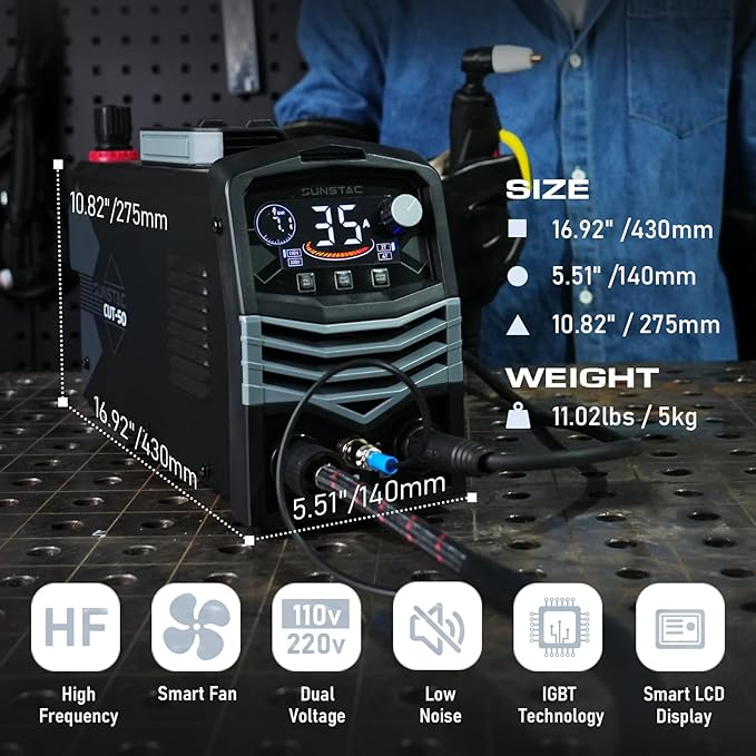 50A Plasma Cutter, Large LCD Display High Frequency Cutting Machine with 110/220V Dual Voltage IGBT Inverter 5/8 Inch Max Cut 2T/4T Mode, Professional & Beginners DIY