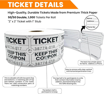 Pm Company 1000 White Raffle Tickets Double Roll, 50/50 Raffle Tickets for Events, Carnivals, Fundraisers, Classroom Rewards, and Prizes - Premium Quality