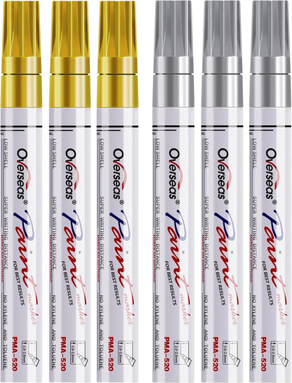 Overseas Gold and Silver Paint Pens - 6 Pack Oil Based Metallic Permanent Markers, Medium Tip, Quick Dry and Waterproof Paint Markers for Rock, Wood, Metal, Plastic, Canvas, Glass, Ceramics, Rubber