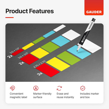 GAUDER Magnetic Labels Writable - Reusable Magnet Tags for Whiteboard, Chalkboard, Kanban Board and Refrigerator - Magnet Cards with Marker (30 Pack - 3 Sizes)