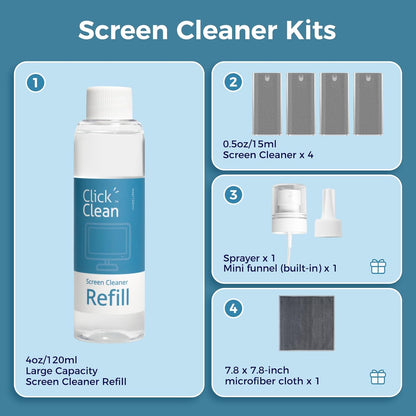 Click Clean Screen Cleaner Kits - 4 All-in-One Mist Cleaner with 4 oz Refill, 1 Microfiber Cloth(7.8 x 7.8in), 1 Mini Funnel, and 1 Sprayer - for All Phones, Laptop and Tablet Screens