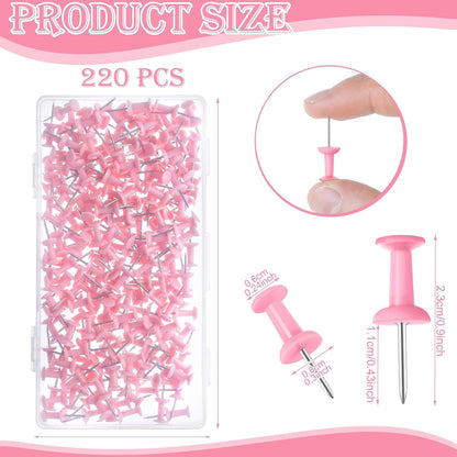 220 Count Pink Push Pins, Standard Plastic Head Steel Point Thumb Tacks Decorative Push Pins for Cork Board Wall Hanging