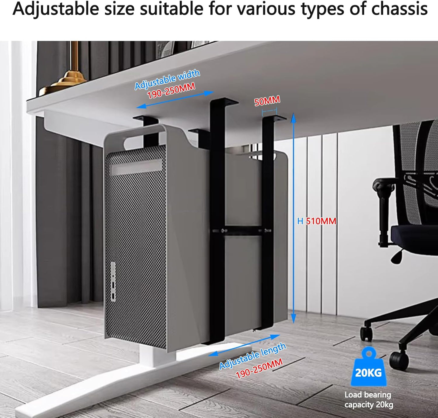 Durable PC Tower Stand | PC Stand for Carpet & Floor | Under Desk Laptop Mount | SPCC Cold Rolling Steel | Adjustable Width 190-250mm | Max Load 25kgs | White/Black (Black)
