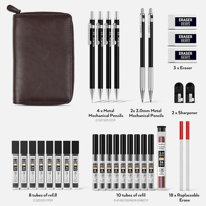 Nicpro 33PCS Black Metal Mechanical Pencil Set in Leather Case, Art Drafting Pencil 0.3, 0.5, 0.7, 0.9 mm, 2mm Lead Holders for Sketching Drawing With 18 Tube (6B 4B 2B HB 2H 4H Colors) Lead Refills