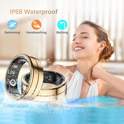 Fit Ring, Smart Health Rings for Women Men with Heart Rate,Blood Oxygen,HRV,Stress Level, Sleep Monitor, Step Tracker, No Subscription Fee, IP68 Waterproof Smart Ring for iphone &Android (Gold, 8#)