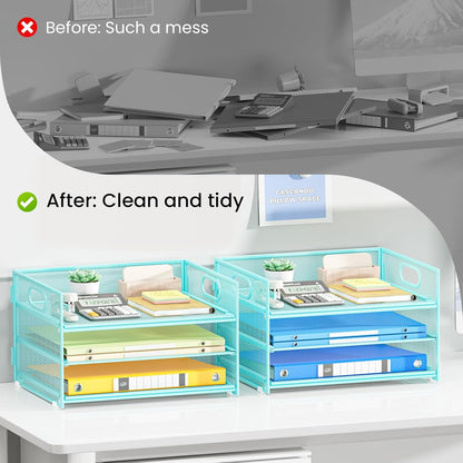 Subekyu 2-Pack 3-Tier Blue Metal Mesh Desk Paper Letter Tray & File Sorter Organizer with Handle + 1 Sliding Tray for Desk, Home, Office, School Supplies, A4 Paper and Accessories Storage