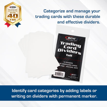 BCW Tall Trading Card Dividers - 50 ct | Archival Quality, Write-On Index Tab, 3 11/16 X 2 11/16 Inches | Fits Vault, Super Vault, QuickFold, Shoe, and Super Shoebox Boxes | Card Organizer Dividers