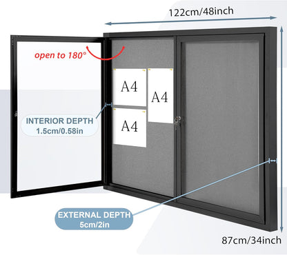 Enclosed Bulletin Board Outdoor Noticeboard with Locking Door, Weather-Resistant, Grey Felt, Black Aluminum Frame, 48 x 34 in
