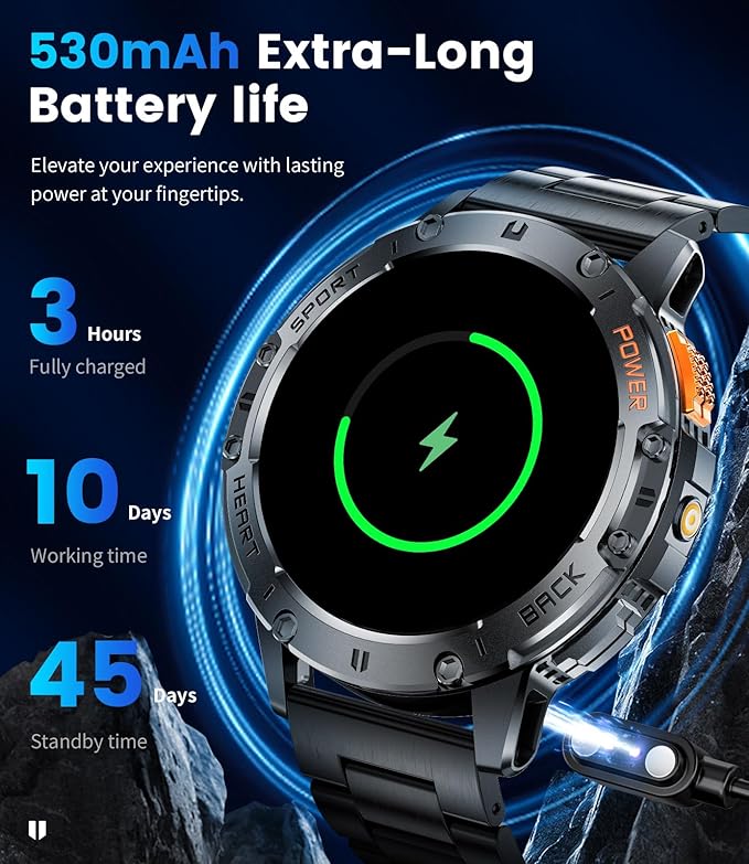 Military Smart Watches for Men(Answer/Make Calls) with LED Flashlight,530mAh Large Battery,1.43" AMOLED Outdoor Sports Smartwatch with 170+ Sport Modes,5ATM Waterproof Fitness Tracker for iOS Android