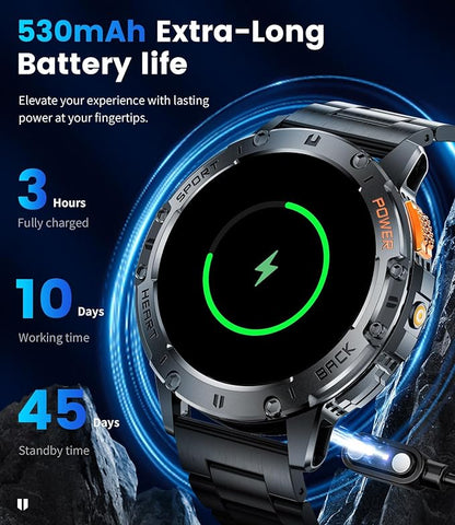 Military Smart Watches for Men(Answer/Make Calls) with LED Flashlight,530mAh Large Battery,1.43" AMOLED Outdoor Sports Smartwatch with 170+ Sport Modes,5ATM Waterproof Fitness Tracker for iOS Android