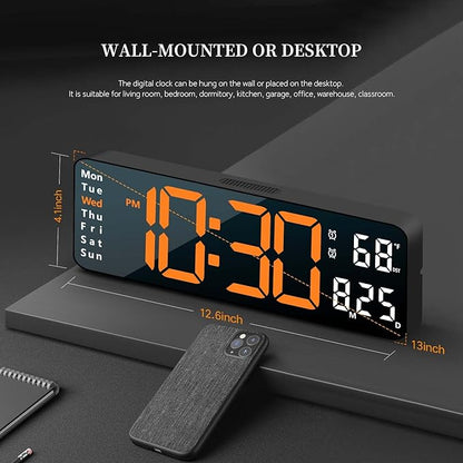 Abovsare Digital Wall Clock for Living Room Decor, Desk Alarm Clock for Bedroom, Large Wall Clock with Remote Control, Automatic Brightness Dimmer LED Clock with Date Temperature Week (Orange-B)