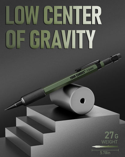 Four Candies 1.3mm Mechanical Pencil Set with 72 Lead Refills, 3PCS Metal Weatherproof Body Heavy Duty Carpenter Pencil, 3 Eraser, 16 Eraser Refills, for Outdoor Woodworking Drafting Marking with Case