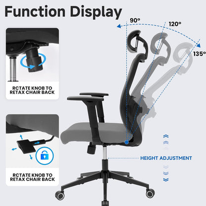 Ergonomic Desk Office Chair, High Back Home Computer Chair with Adjustable Swivel 3D Armrests for Comfort Lumbar Supports Up to 400lbs (Grey)