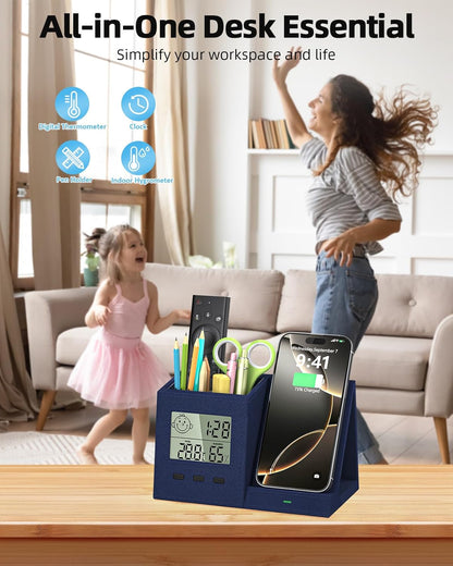 3-in-1 Wireless Charger with Pen Holder, Desk Clocks with Temperature and Humidity, Compatible with iPhone 16/15/14/13/12/11/8Series, Pencil Holder for Desk Home Office, Men Gift Idea Gadget, Blue
