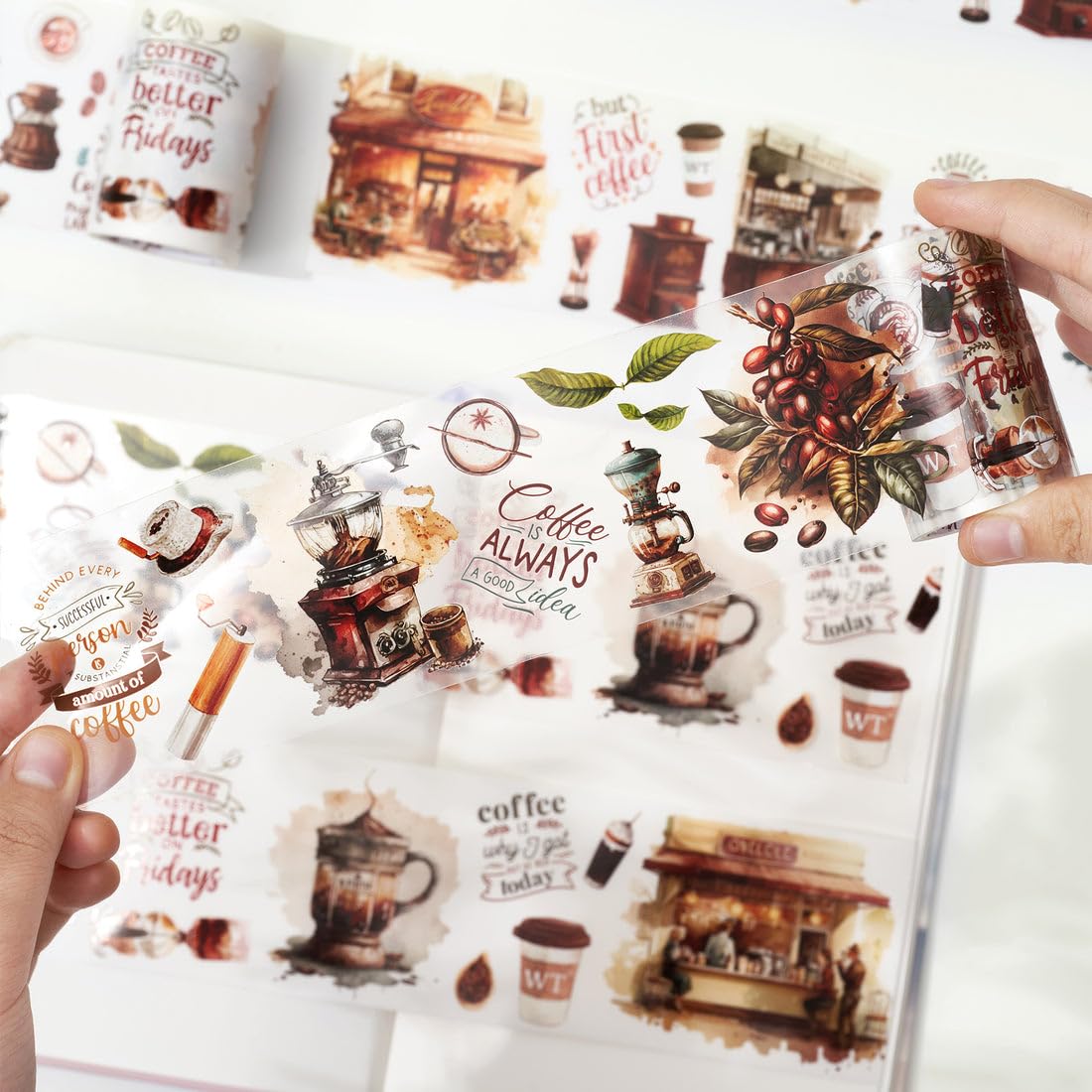 WT Caffeine Canvas Wide PET Tape, Single Roll, Original Designs, Watercolor Vintage Cafe Decorative Transparent Tape, Journal Scrapbook Bujo Planner DIY Craft Supplies, Coffee Theme