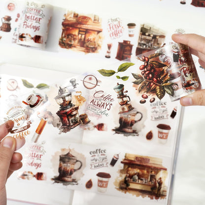 WT Caffeine Canvas Wide PET Tape, Single Roll, Original Designs, Watercolor Vintage Cafe Decorative Transparent Tape, Journal Scrapbook Bujo Planner DIY Craft Supplies, Coffee Theme