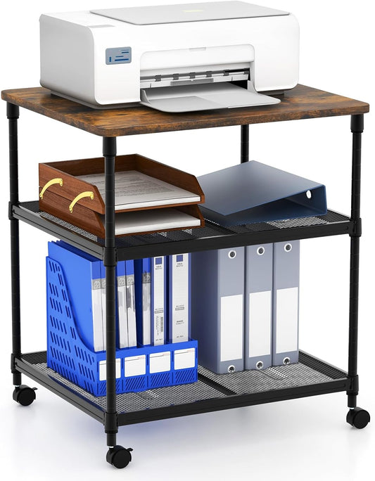 Tangkula 3-Tier Printer Stand, Multifunctional Utility Cart with Ample Storage Space, Rolling & Lockable Wheels, Sturdy Metal Frame, Adjustable Heights, Printer Cart (Rustic Brown)