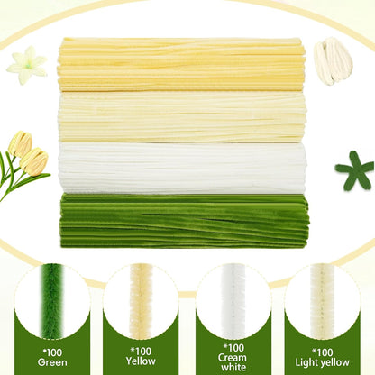 400 Pcs Pipe Cleaners Craft Set，4 Colors Chenille Stems Bulk with Floral Wires, Gardening Tape,Hot Glue Stick,Greeting Card,Bouquet Paper, Stamen & Ribbon, Flowers Craft kit for DIY Handmade Bouquet