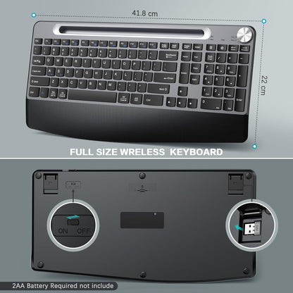 Ergonomic Wireless Keyboard with Wrist Rest-Low-Profile,Phone/Tablet Holder,Quiet Design，Windows & Mac OS，Full Size Cordless USB Computer Keyboard for Desktop,Laptop, PC, Mac, Windows-Black