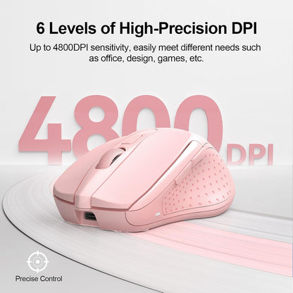 TECKNET Wireless Mouse (BT5.0/3.0 & 2.4G) Rechargeable 4800 DPI Silent USB A & Bluetooth Mouse 6 Buttons, Wide Compatibility - Pink