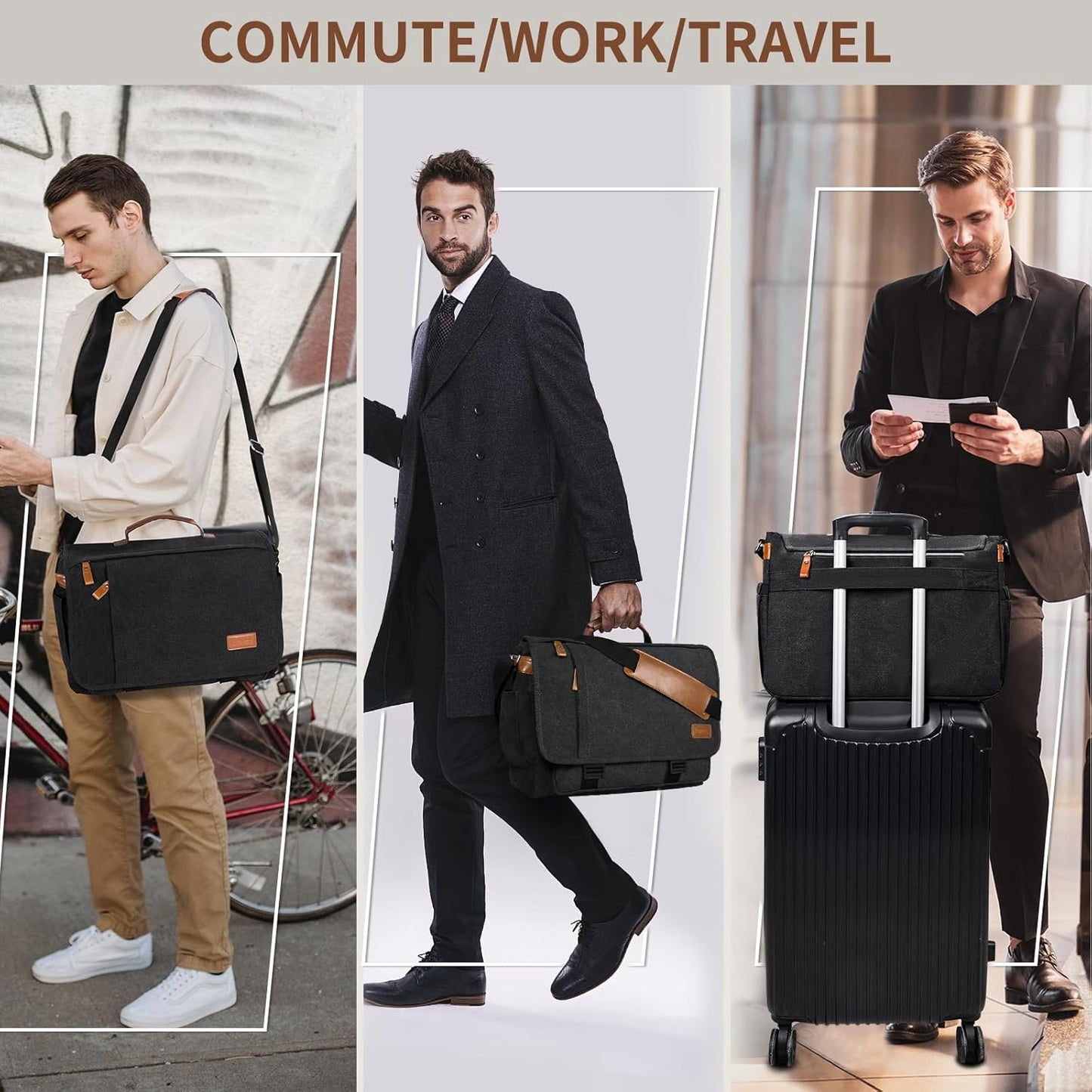 ESTARER Men's Messenger Bag 17.3 Inch Upgraded, Water-resistant Canvas Laptop Bag, Computer Shoulder Bag for College Travel Work, Dark Grey