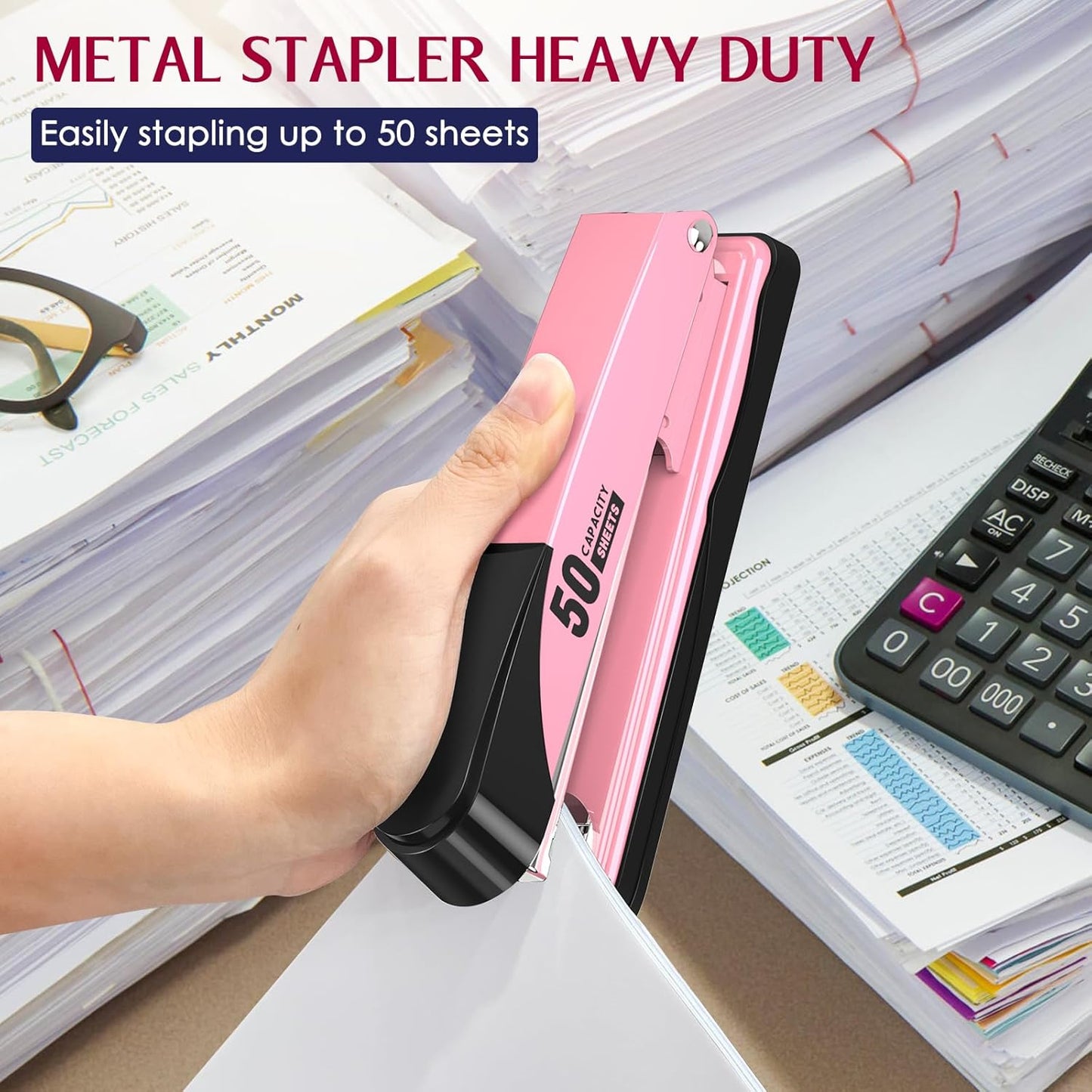 Metal Stapler Heavy Duty 50 Sheet Capacity with 1750 Staples and Staple Remover, Full Strip Staplers for Desk, No Jam, Non-Slip for Office & Classroom, Pink