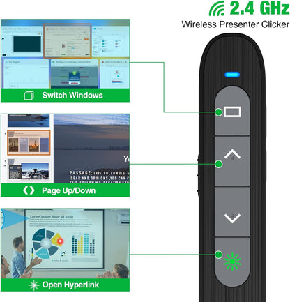 2 in 1 USB Type C Rechargeable Presentation Clicker with Green Pointer, Wireless Presenter for PowerPoint Presentation PPT Clicker, 2.4GHz Presentation Remote Slide Advancer for Computer MacBook