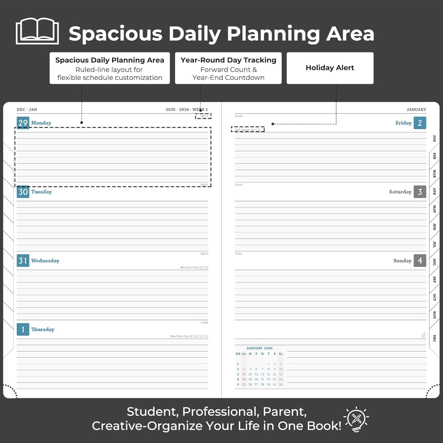 IN-LUXPRO Weekly Monthly 2026 Planner (Jan.26-Dec.26),11.5"x8.5",12 Months Agenda Plan with Month Tabs & Pocket,Expenses/Note Pages, Appointment Book Calendar with Hardcover Vegan Leather Cover,Black