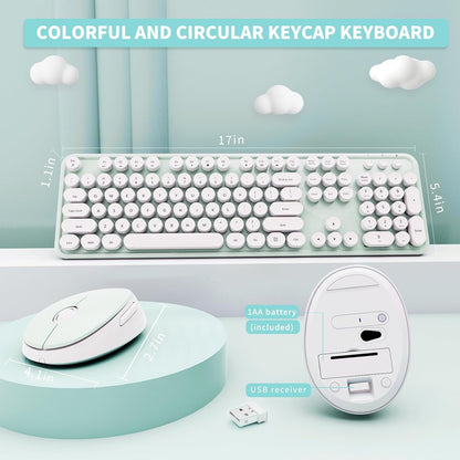 Wireless Keyboard and Mouse Combo, Ergonomic Full Size Typewriter Retro Round Keycaps Keyboard, Compatible with Windows, PC, Perfer for Home and Office Keyboards（Green）