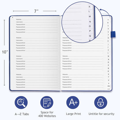 JUBTIC Password Book with Individual Alphabetical Tabs, 7"x10" Internet Password Keeper Book for Seniors, Password Notebook and Organizer/Notes Section, Navy Blue