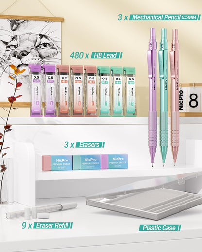 Nicpro 0.5 mm Metal Mechanical Pencil Set, 3PCS MP1000 Artist Lead Pencils With 480PCS HB 2B Lead Refills, Erasers, Aesthetic School Supplies for Girls & Women Teacher Writing Drawing Sketching