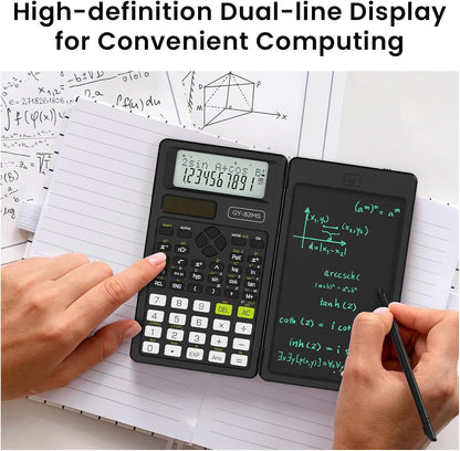 Scientific Calculators for School with Notepad, ROATEE Middle and High School Supplies for Student, 82 MS Foldable 2-Line Display Science Calculator with Writing Tablet, Solar and Battery Power Black
