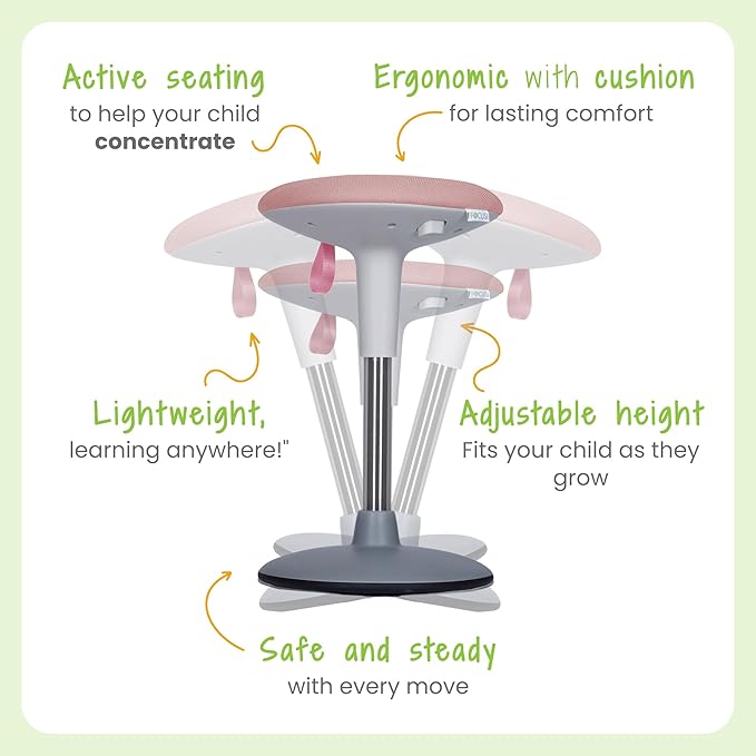 Wobble Stool for Kids Ages 7–12; Adjustable Height Wobble Stools for Classroom Seating with Soft Cushion; Flexible Wiggle Chair for Focus and ADHD Support + Bonus Visual Timer (Candy Pink)