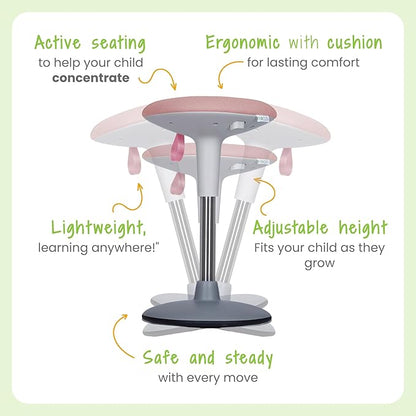 Wobble Stool for Kids Ages 7–12; Adjustable Height Wobble Stools for Classroom Seating with Soft Cushion; Flexible Wiggle Chair for Focus and ADHD Support + Bonus Visual Timer (Candy Pink)