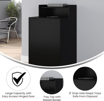 Flash Furniture Dell Trash Can Enclosure with Tray Shelf and 8" Drop Hole, Commercial Grade Trash Receptacle for 32 Gallon Round Cans, Swing Door Access, Black